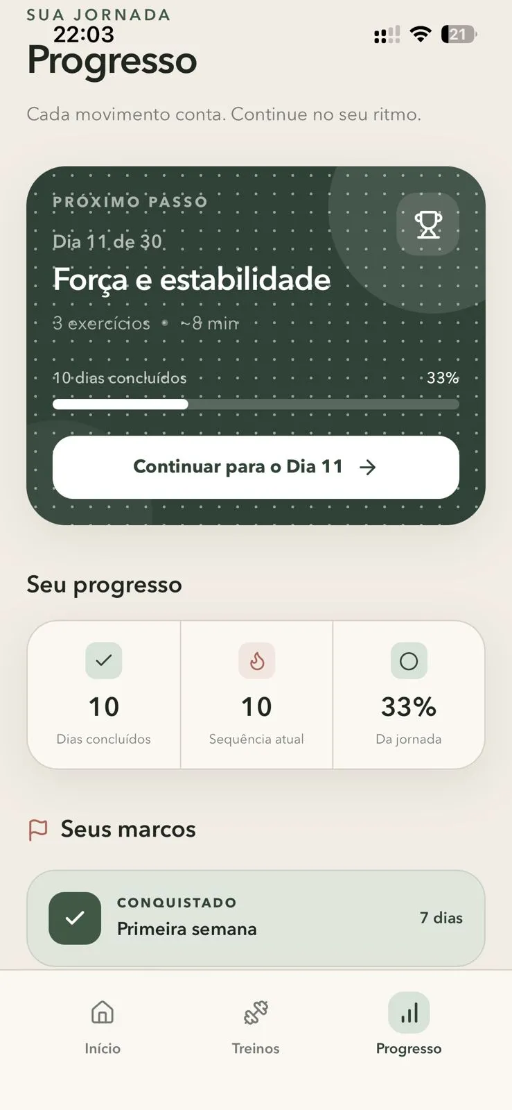 Tela de progresso da jornada no aplicativo Movimento 30